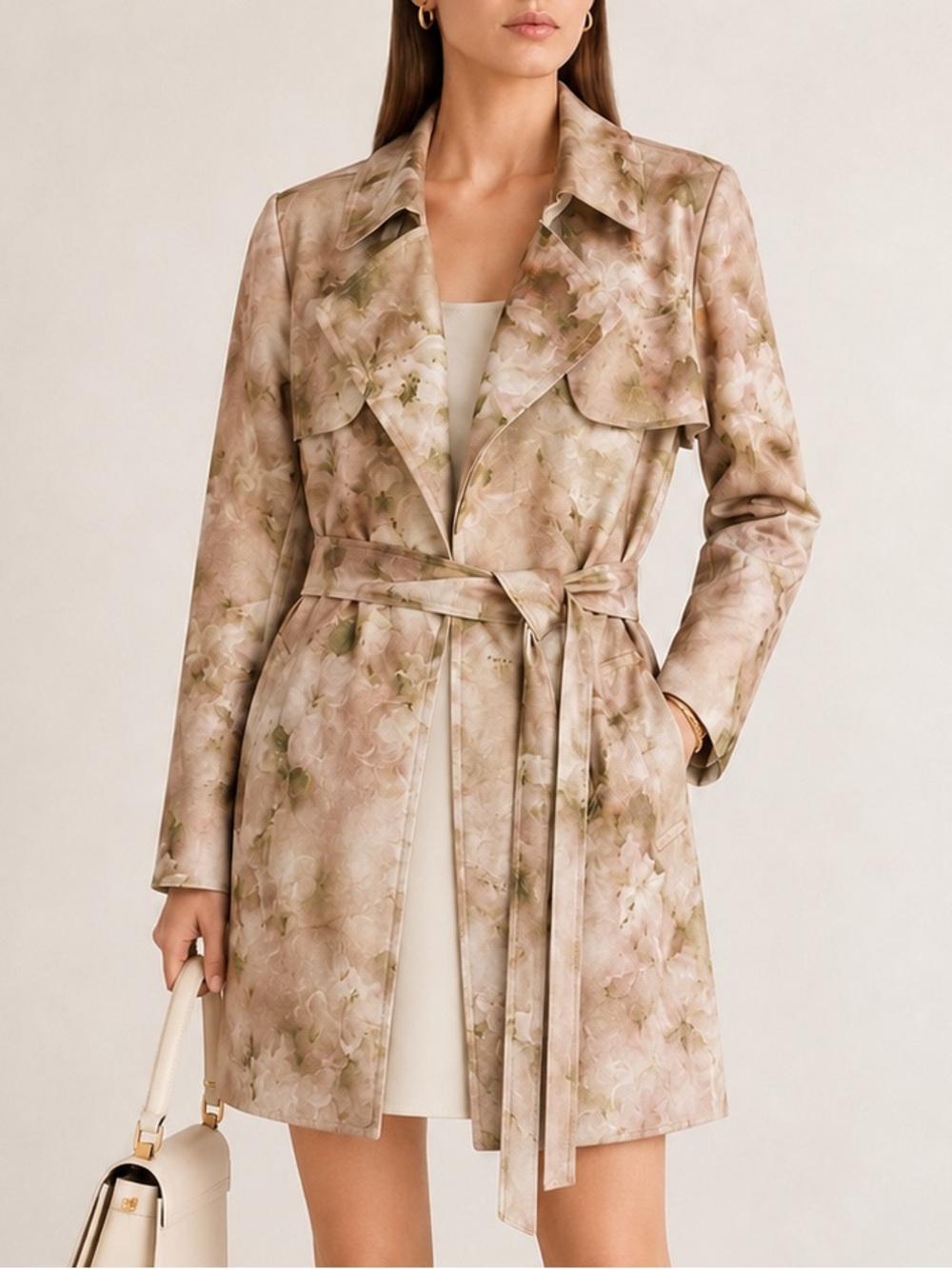 Anthropologie Soft Beige Floral Magnolia Spring Trench Coat SMALL